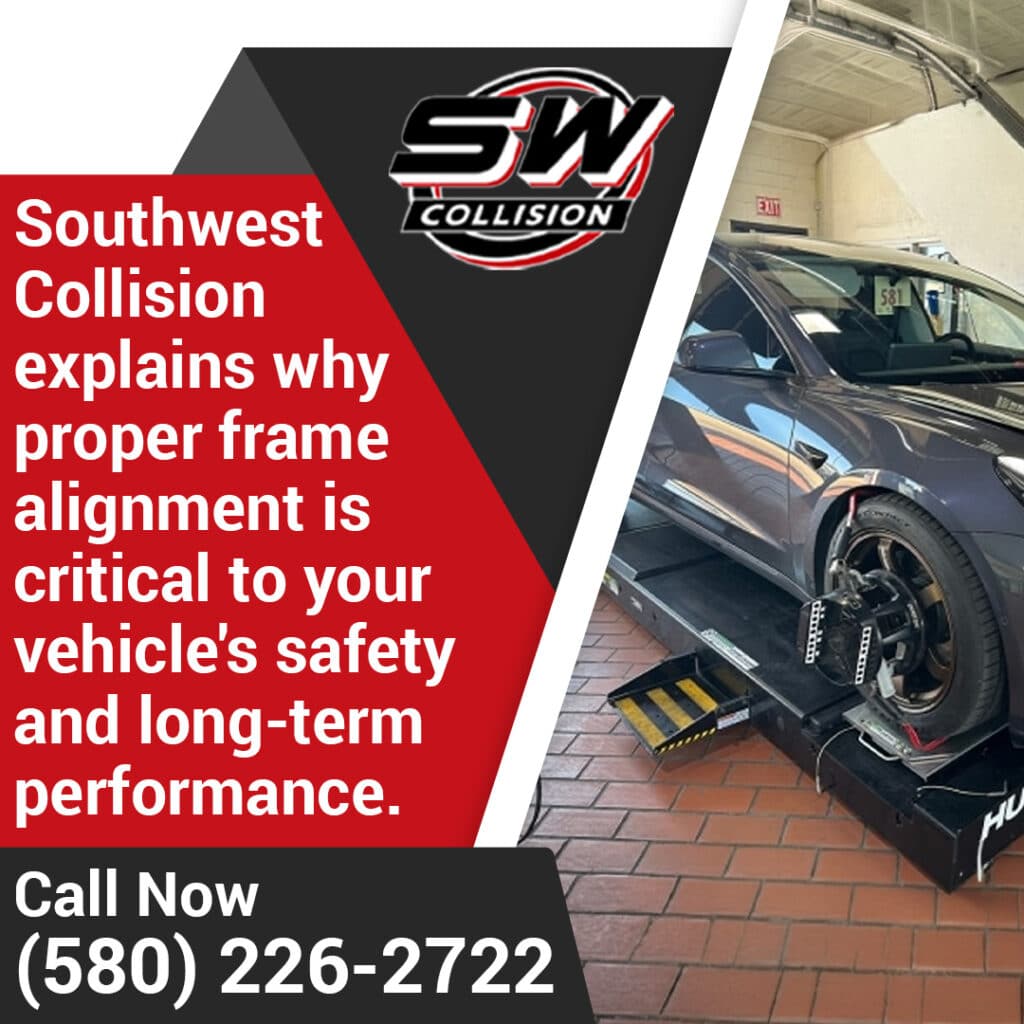 Auto technician checking frame alignment and wheel angles using alignment equipment