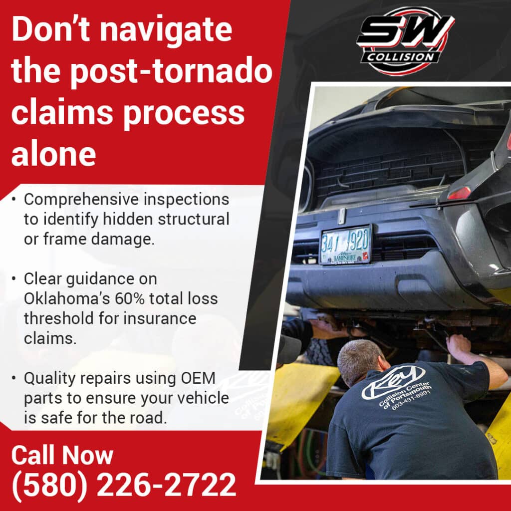 Technician inspecting the underside of a damaged vehicle at Southwest Collision for hidden structural or frame damage after a tornado