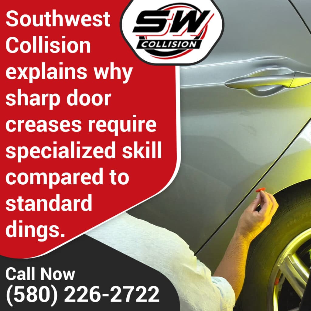 Technician inspecting a sharp door crease on a gray vehicle at Southwest Collision to determine the best dent repair method.