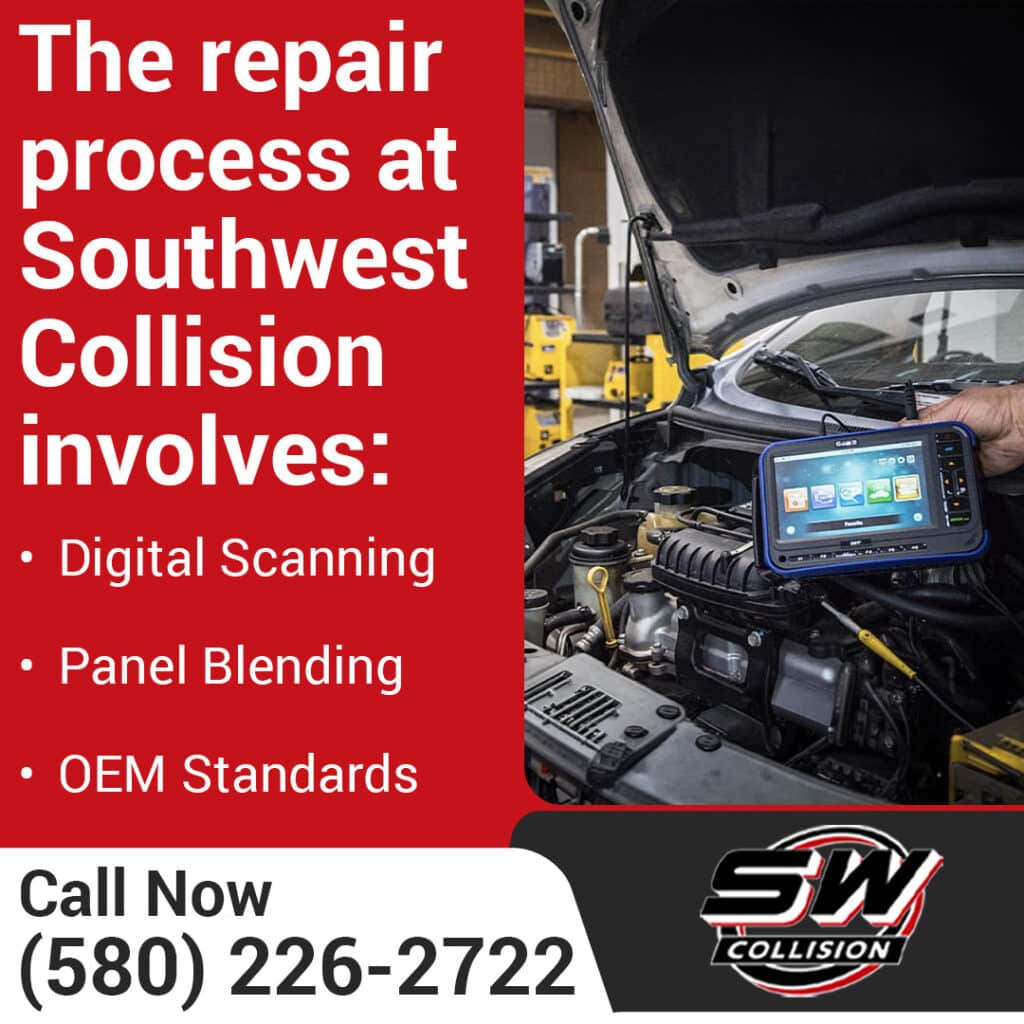Digital vehicle scanning at Southwest Collision in Oklahoma City, highlighting collision repair steps including digital scanning, panel blending, and OEM-standard repair procedures.
