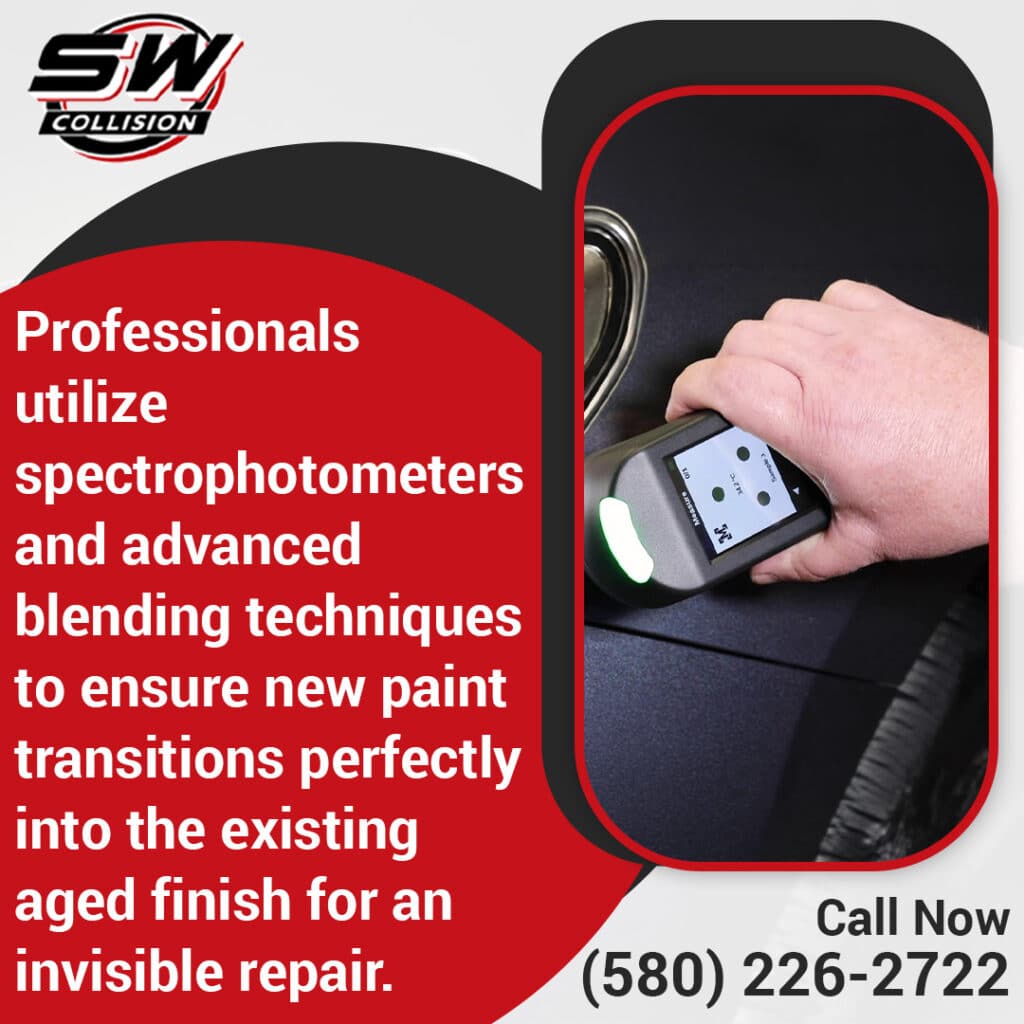 Spectrophotometer paint matching at Southwest Collision in Oklahoma City, showing digital color analysis used to blend new paint into an existing aged vehicle finish for an invisible repair.