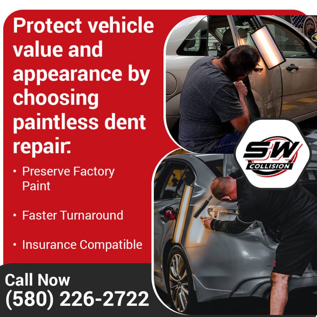 Technicians performing paintless dent repair on vehicle body panels at Southwest Collision in Oklahoma City, highlighting factory paint preservation, faster turnaround, and insurance-compatible dent repair service.