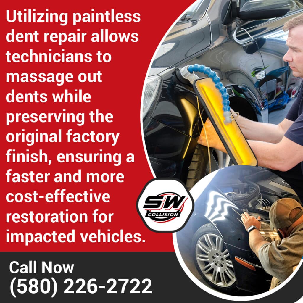 Paintless dent repair in progress on a black vehicle at Southwest Collision in Oklahoma City, showing technicians preserving the factory finish while restoring dented body panels